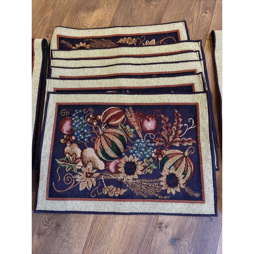 Halloween Tapestry 6 Placemats 2 Table Runner havest Pumpkins Set Nwot halloween